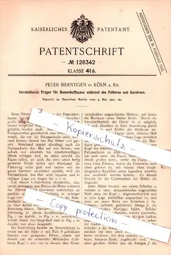 Original Patent  - Peter Berntgen in Köln a. Rh. , 1901 , Träger für Damenhutfacons !!!