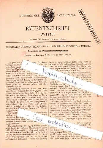 Original Patent  - Bernhard Coenen Block und T. Dreesmann Penning in Emden , 1882 , !!!