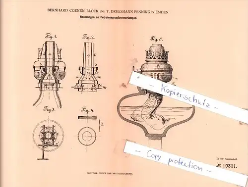 Original Patent  - Bernhard Coenen Block und T. Dreesmann Penning in Emden , 1882 , !!!