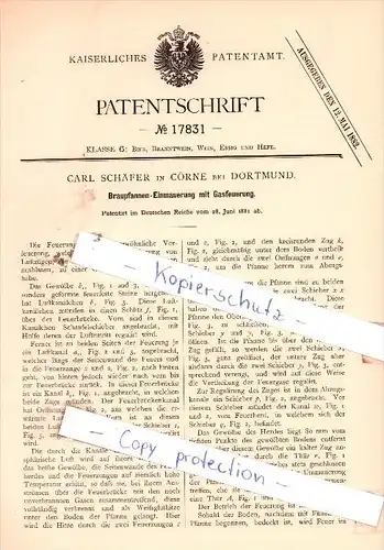 Original Patent  -  C. Schäfer in Cörne bei Dortmund , 1881 , Braupfannen-Einmauerung !!!