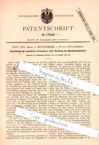 Original Patent  -  Paul Neu senior in Rottenburg a. Neckar , Württemberg , 1881 , !!!