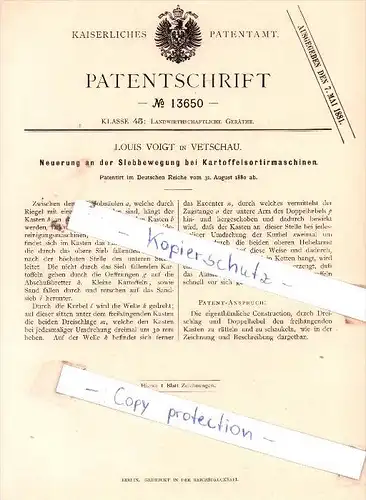Original Patent  - Louis Voigt in Vetschau , 1880 , Kartoffelsortiermaschinen !!!