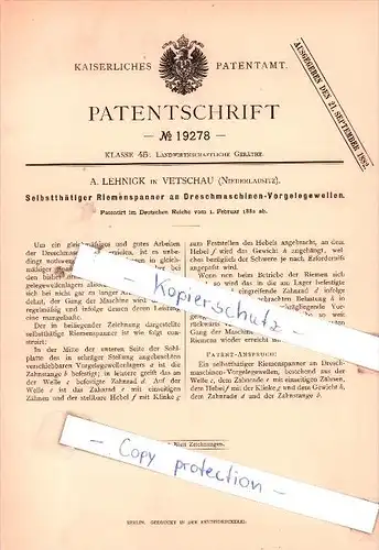 Original Patent  - A. Lehnigk in Vetschau , Niederlausitz , 1882 , Landwirthschaftliche Geräthe !!!