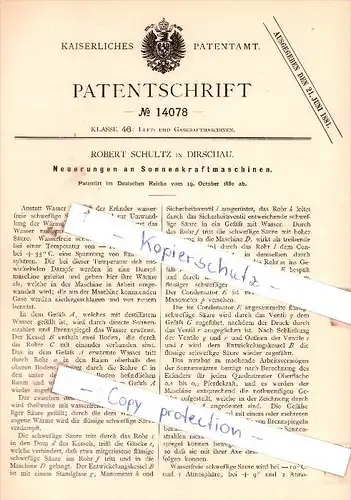 Original Patent  - R. Schultz in Dirschau / Tczew , 1880 , Neuerungen an Sonnenkraftmaschinen !!!