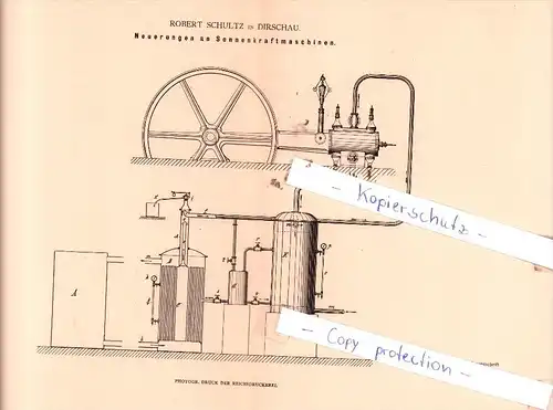 Original Patent  - R. Schultz in Dirschau / Tczew , 1880 , Neuerungen an Sonnenkraftmaschinen !!!