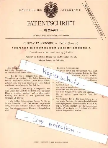 Original Patent  - G. Falconnier in Nyon , Schweiz , 1882 , Schankgeräthschaften !!!