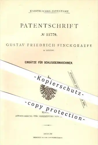 original Patent - Gustav F. Finckgraefe , Leipzig , 1879 , Einsätze für Schleudermaschinen , Schleuder , Saat , Saatgut