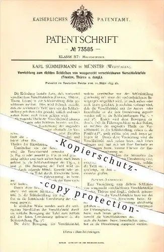 original Patent - Karl Sümmermann in Münster , 1893 , dichtes Schließen von Fenster , Tür , Türen , Fensterbau , Hochbau