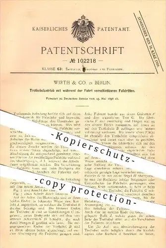 original Patent - Wirth & Co. in Berlin , 1898 , Trethebelantrieb mit verschiebbaren Fußtritten , Fahrrad , Fahrräder !!