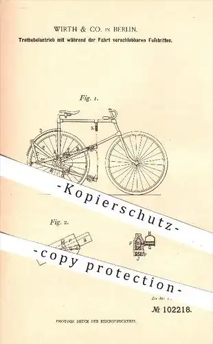 original Patent - Wirth & Co. in Berlin , 1898 , Trethebelantrieb mit verschiebbaren Fußtritten , Fahrrad , Fahrräder !!