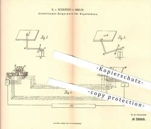 original Patent - R. v. Schlieben , Berlin , 1886 , Elektrisches Zeigerwerk für Kegelbahnen , Kegelbahn , Kegeln , Sport