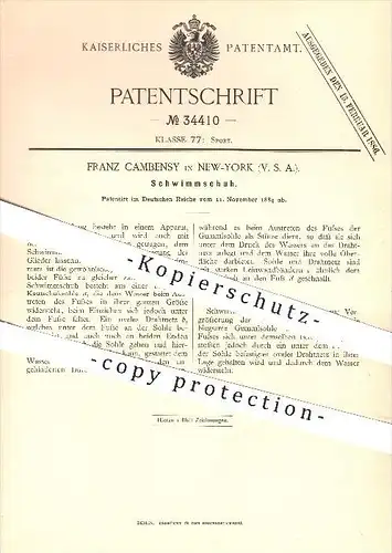 original Patent - Franz Cambensy in New York , USA , 1884 , Schwimmschuh , Schwimmen , Schuh , Schuhe , Sandalen , Sport