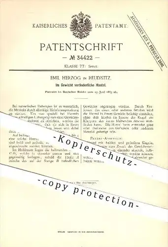 original Patent - E. Herzog , Reudnitz , 1885, Im Gewicht veränderliche Hantel , Hanteln , Gewichte , Sport , Kraftsport