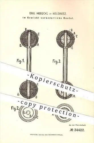 original Patent - E. Herzog , Reudnitz , 1885, Im Gewicht veränderliche Hantel , Hanteln , Gewichte , Sport , Kraftsport