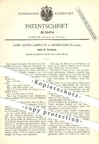 original Patent - James A. Lamplugh , Birmingham , England , 1885 , Sattel für Velocipede , Velociped , Fahrrad , Rad !!