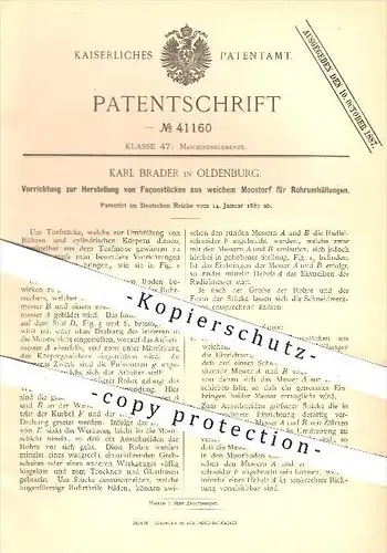 original Patent - Karl Brader in Oldenburg , 1887 , Façonstücke aus Moostorf für Rohrumhüllungen , Torf , Rohre !!