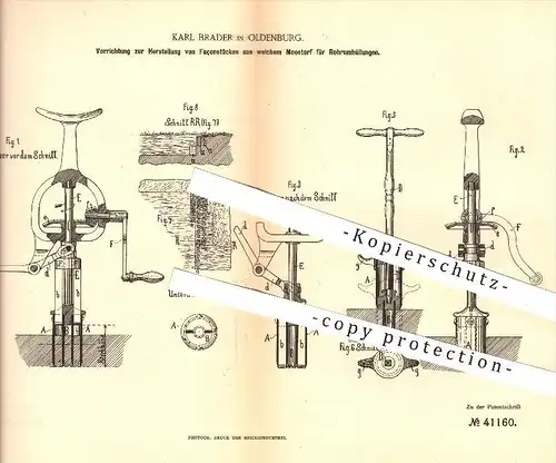 original Patent - Karl Brader in Oldenburg , 1887 , Façonstücke aus Moostorf für Rohrumhüllungen , Torf , Rohre !!