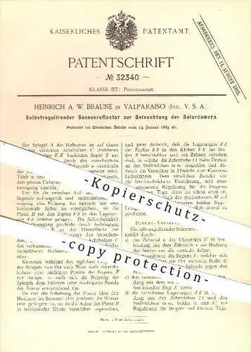 original Patent - Heinr. A. W. Braune , Valparaiso , USA , 1885 , Sonnenreflektor zur Beleuchtung der Solar - Kamera !!!