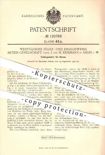 original Patent - Westfälische Stanz- u. Emaillierwerke AG , J. & H. Kerkmann , Ahlen , 1900 , Futtergeschirr für Bienen