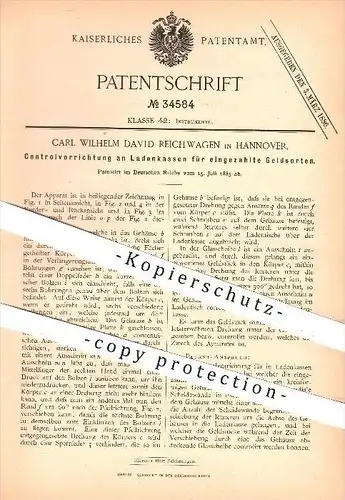 original Patent - Carl W. D. Reichwagen , Hannover , 1885 , Kontrolle an Ladenkassen für eingezahltes Geld , Kassen !!!