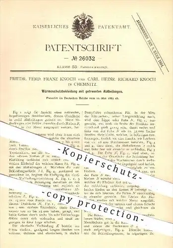 original Patent - Fried. F. F. Knoch & Carl H. R. Knoch in Chemnitz , 1883 , Wärmeschutz - Bekleidung , Filz !!!