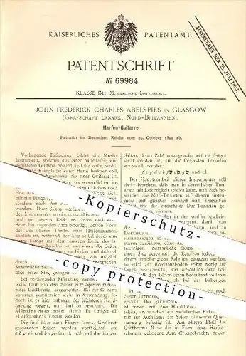 original Patent - J. F. Ch. Abelspies , Glasgow , Grafschaft Lanark , 1892 , Harfen - Gitarre , Harfe , Gitarren , Musik