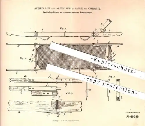 original Patent - Arthur und Arwin Ripp in Kappel , Chemnitz , 1892 , zusammenklappbare Krankentragen , Trage , Tragen !