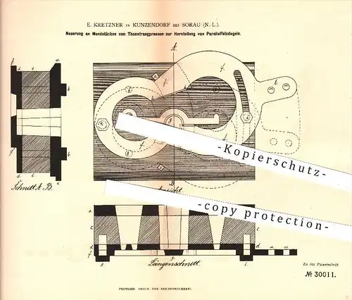 original Patent - E. Kretzner , Kunzendorf , Sorau , 1884 , Mundstücke von Tonstrangpressen zur Herstellung von Ziegeln