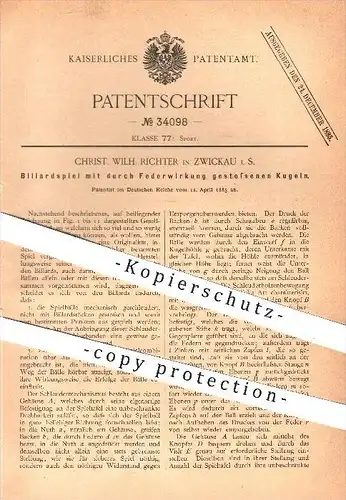 original Patent - C. W. Richter , Zwickau , 1885 , Billardspiel mit durch Federwirkung gestoßenen Kugeln , Billlard !!