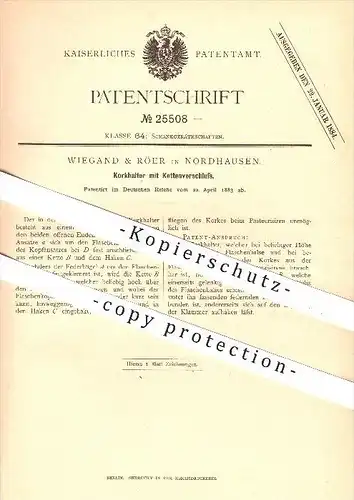 original Patent - Wiegand & Röer in Nordhausen , 1882 , Korkhalter mit Kettenverschluss , Korken , Verschluss , Flaschen