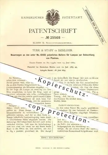 original Patent - Turk & Staby in Iserlohn , 1883 , Halter für Lampen zur Beleuchtung von Pianos , Licht , Lampe !!!