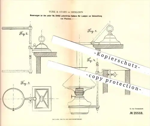 original Patent - Turk & Staby in Iserlohn , 1883 , Halter für Lampen zur Beleuchtung von Pianos , Licht , Lampe !!!