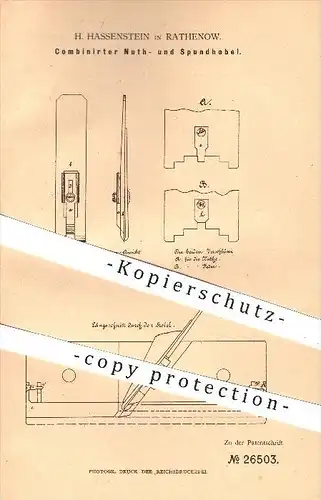 original Patent - H. Hassenstein in Rathenow , 1883 , Kombinierter Nuthobel u. Spundhobel , Hobel , Tischler , Holz !!