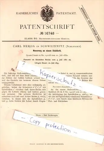 Original Patent  - C. Herda in Schweidnitz / Swidnica , Schlesien , 1881 , Neuerung an einem Stuhlbett !!!