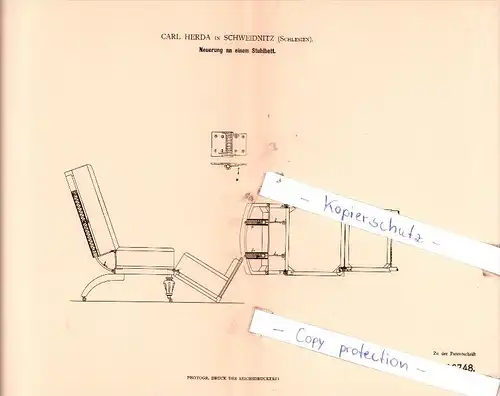 Original Patent  - C. Herda in Schweidnitz / Swidnica , Schlesien , 1881 , Neuerung an einem Stuhlbett !!!