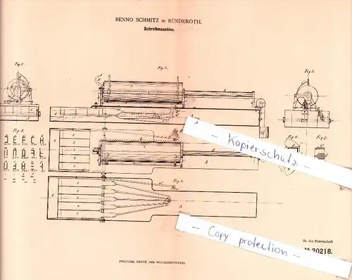 Original Patent  -  Benno Schmitz in Ründeroth b. Engelskirchen , 1882 , Schreibmaschine !!!