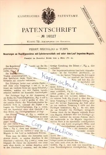 Original Patent  - Pierre Bertoldo in Torino / Turin , 1881 , Pistola , Gewehre mit Cylinderverschluß !!!
