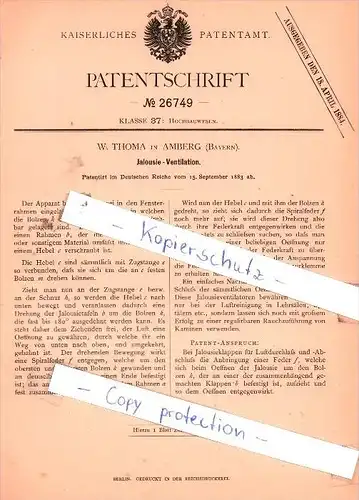 Original Patent - W. Thoma in Amberg , Bayern , 1883 , Jalousie-Ventilation !!!