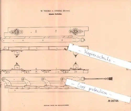 Original Patent - W. Thoma in Amberg , Bayern , 1883 , Jalousie-Ventilation !!!