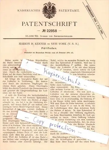 Original Patent - Marion H. Kerner in New-York , USA , 1882 , Federhalter , Füllfederhalter !!!
