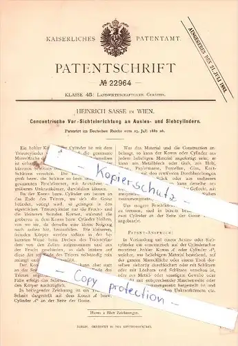 Original Patent - H. Sasse in Wien , 1882 , Vor-Sichteinrichtung an Ausles- und Siebcylindern !!!