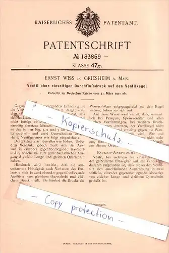 Original Patent - Ernst Wiss in Griesheim a. Main , 1901 , Ventil ohne Durchflußdruck  !!!