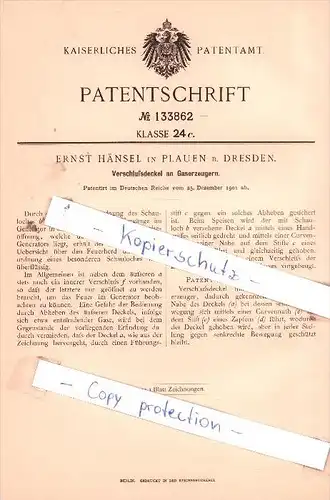 Original Patent - Ernst Hänsel in Plauen b. Dresden , 1901 , Verschlußdeckel an Gaserzeugern !!!