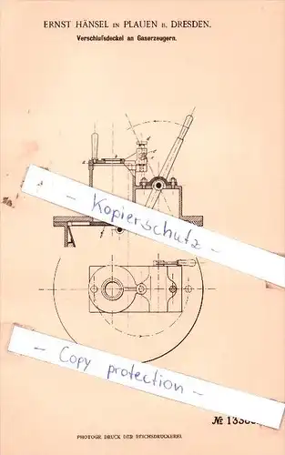 Original Patent - Ernst Hänsel in Plauen b. Dresden , 1901 , Verschlußdeckel an Gaserzeugern !!!