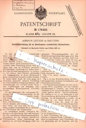 Original Patent - Ambros Leitner in Bautzen , 1905 , Verstellvorrichtung für Riemscheiben !!!