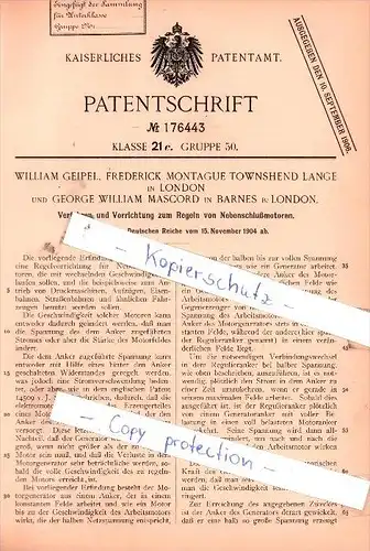 Original Patent - W. Geipel , F. Montague Lange in Barnes b. London und G. Mascord , 1904 , Elektromotoren !!!