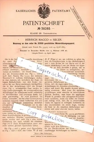Original Patent - Heinrich Macco in Siegen , 1886 , Winderhietzungsapparat !!!
