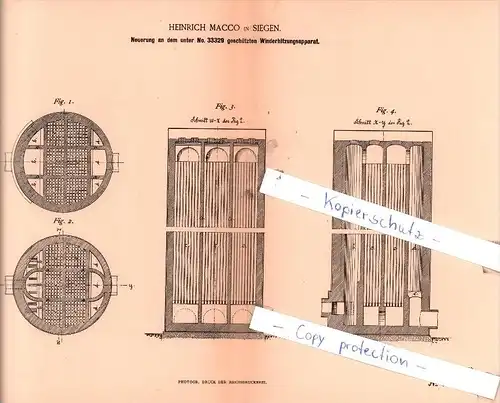 Original Patent - Heinrich Macco in Siegen , 1886 , Winderhietzungsapparat !!!