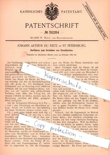 Original Patent - Johann Arthur Du Rietz in St. Petersburg , 1886 , Verzinken von Eisenblechen , Russland !!!