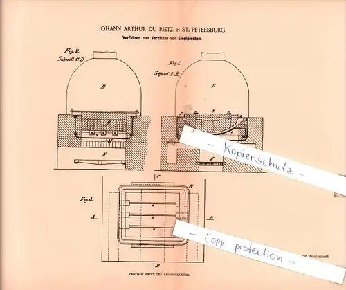 Original Patent - Johann Arthur Du Rietz in St. Petersburg , 1886 , Verzinken von Eisenblechen , Russland !!!